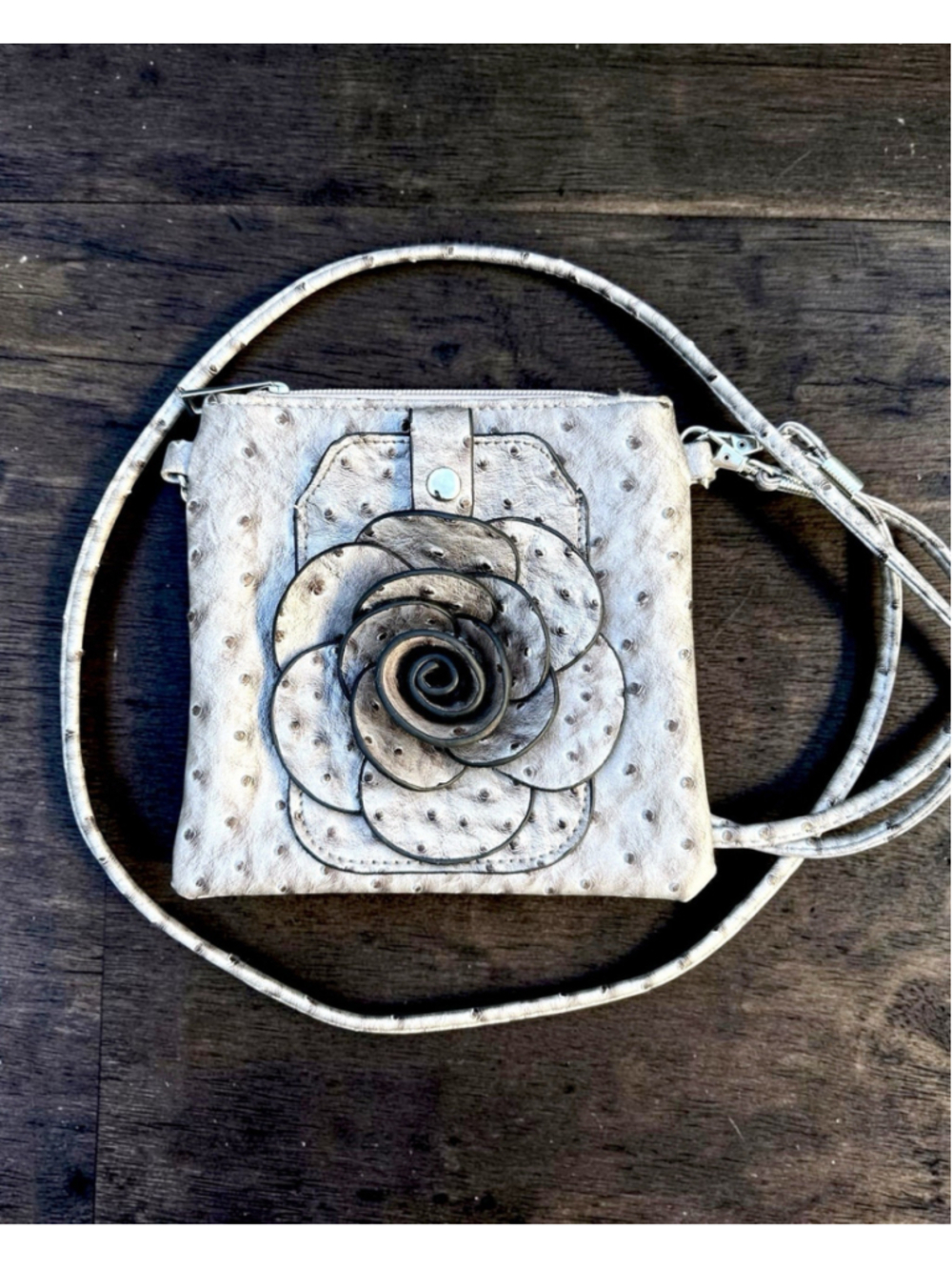 22 Tote Flower Rosette Convertible Ostrich Print Crossbody Bag Leather Purse